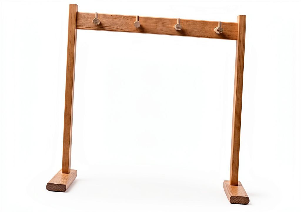 'Pavo wooden wind chime stand on a wooden desk'