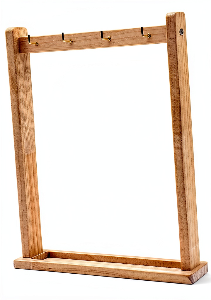 Compact wooden gong stand on a wooden desk