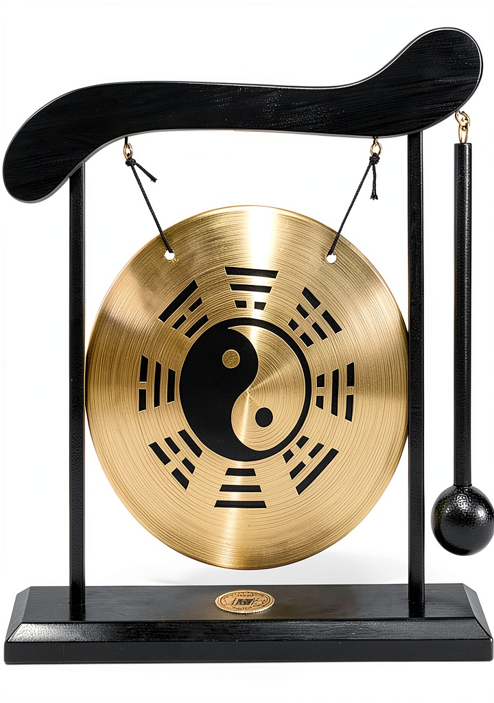 ZenTone brass gong displayed on a wooden desk with soft lighting
